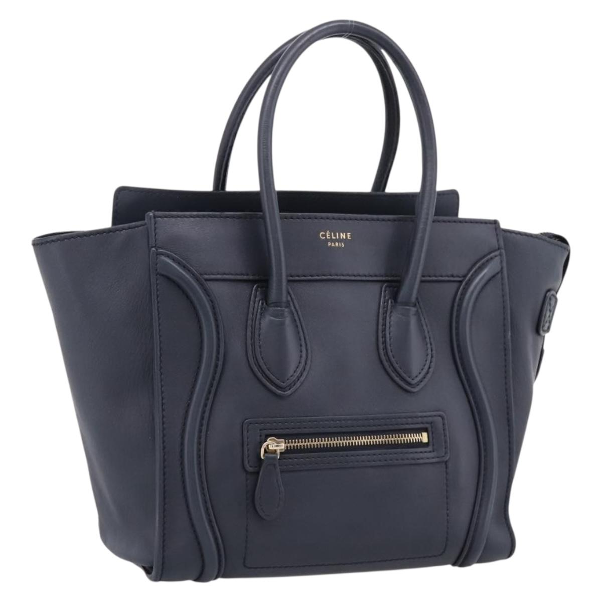 CELINE Luggage Micro Shopper Hand Bag Leather Navy Gold Auth BA15985V