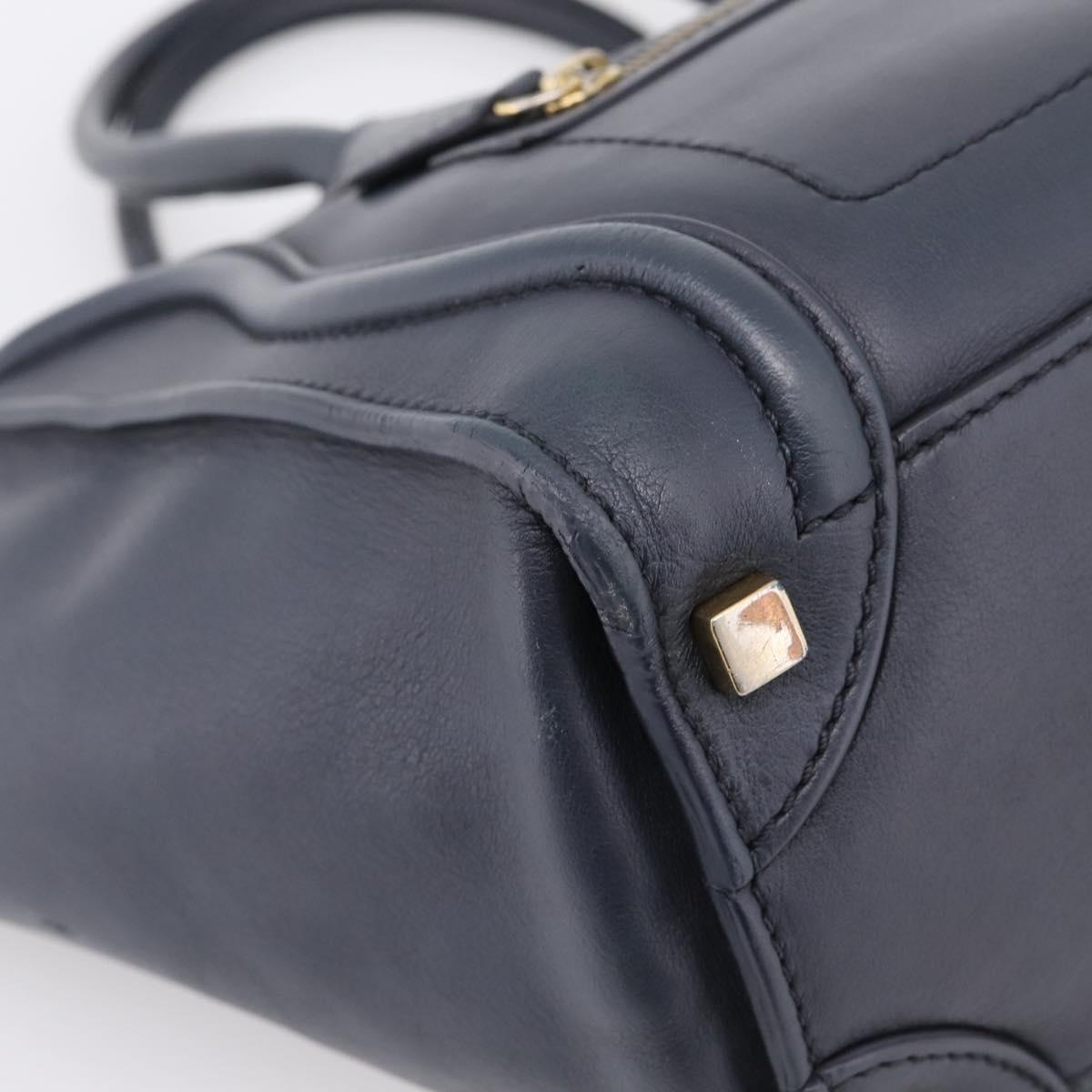 CELINE Luggage Micro Shopper Hand Bag Leather Navy Gold Auth BA15985V