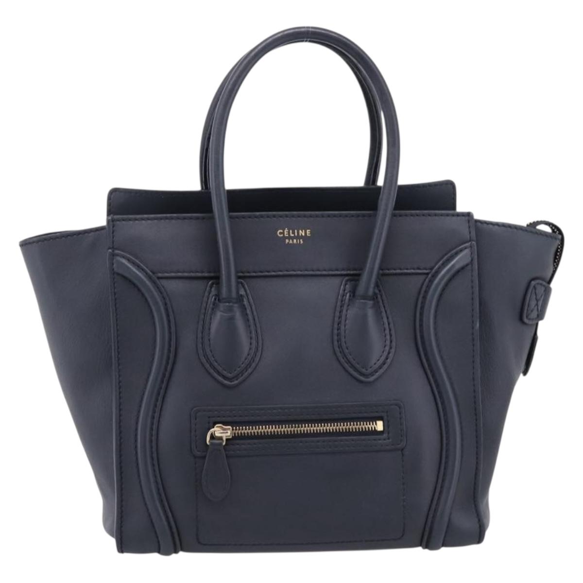 CELINE Luggage Micro Shopper Hand Bag Leather Navy Gold Auth BA15985V