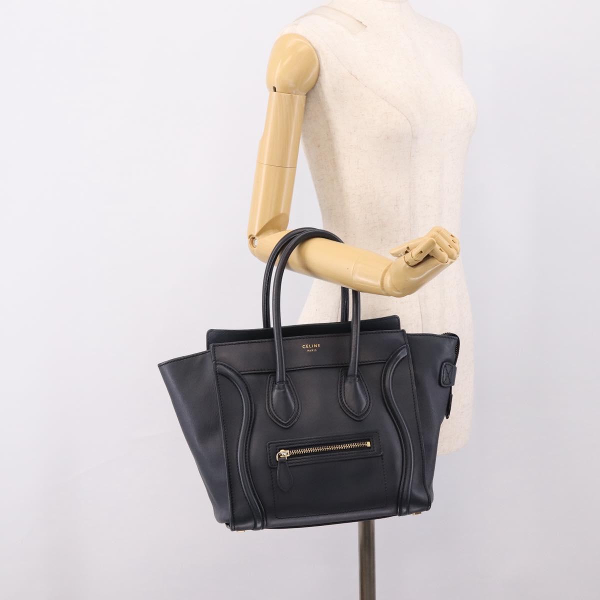 CELINE Luggage Micro Shopper Hand Bag Leather Navy Gold Auth BA15985V