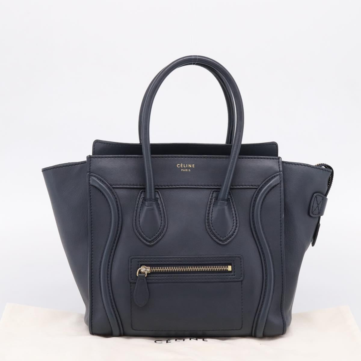 CELINE Luggage Micro Shopper Hand Bag Leather Navy Gold Auth BA15985V