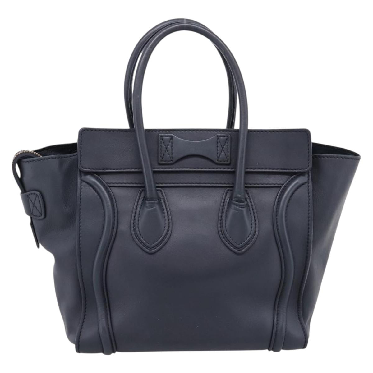 CELINE Luggage Micro Shopper Hand Bag Leather Navy Gold Auth BA15985V