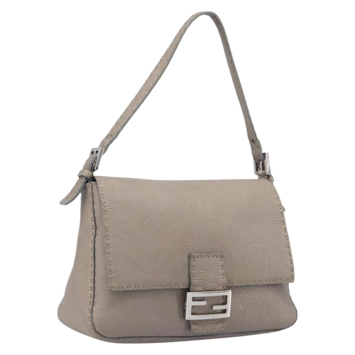 FENDI Celeria Mamma Baguette Bag Leather Beige Silver 8BR102 Auth BA15987V