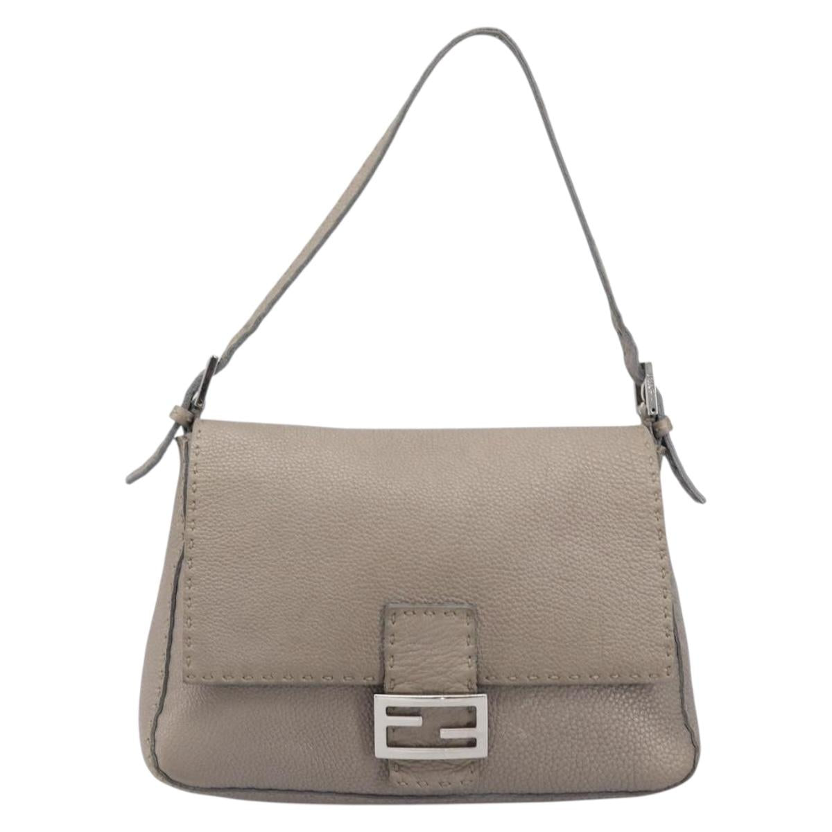 FENDI Celeria Mamma Baguette Bag Leather Beige Silver 8BR102 Auth BA15987V