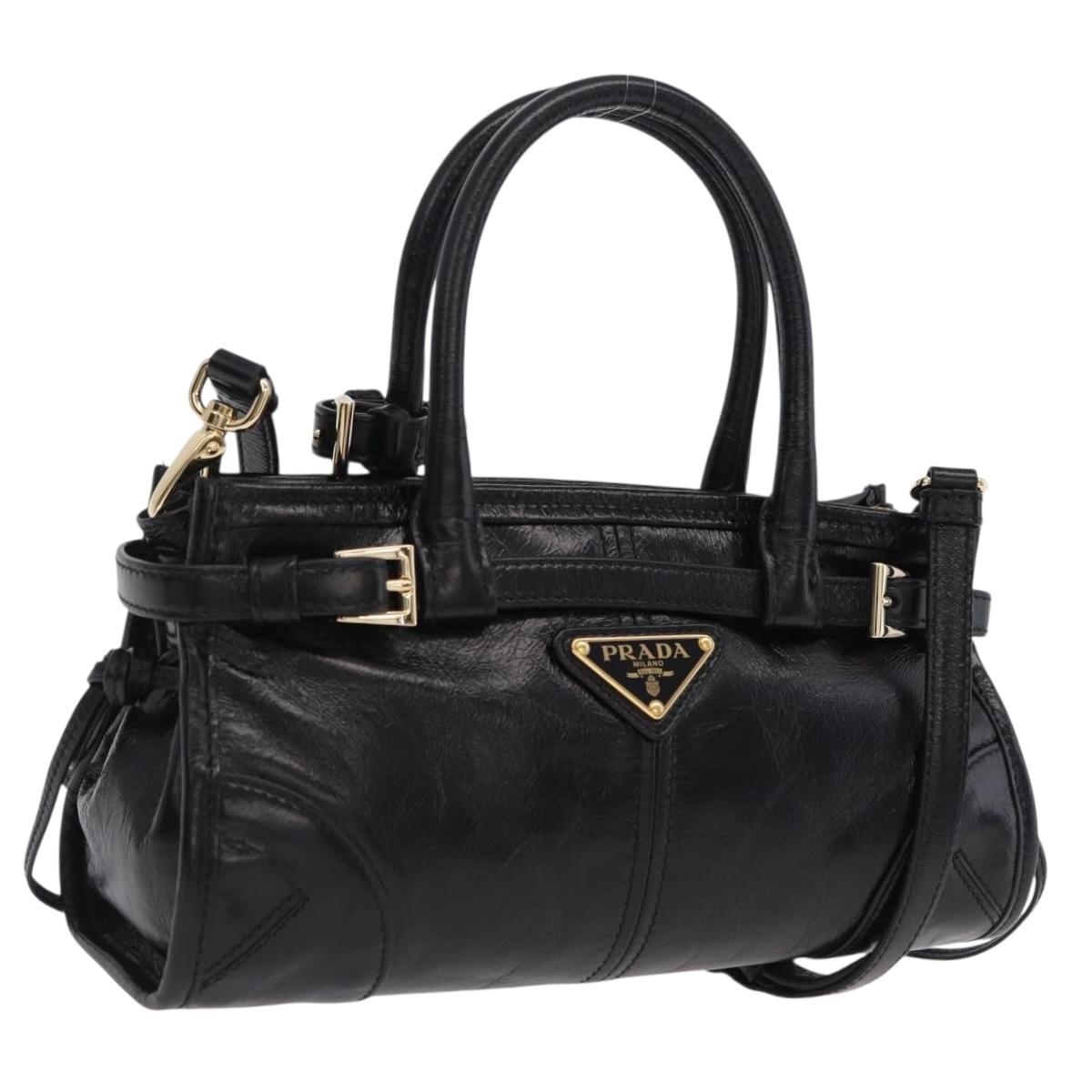 PRADA Hand Bag Leather 2way Black Gold Auth BA15993SAM
