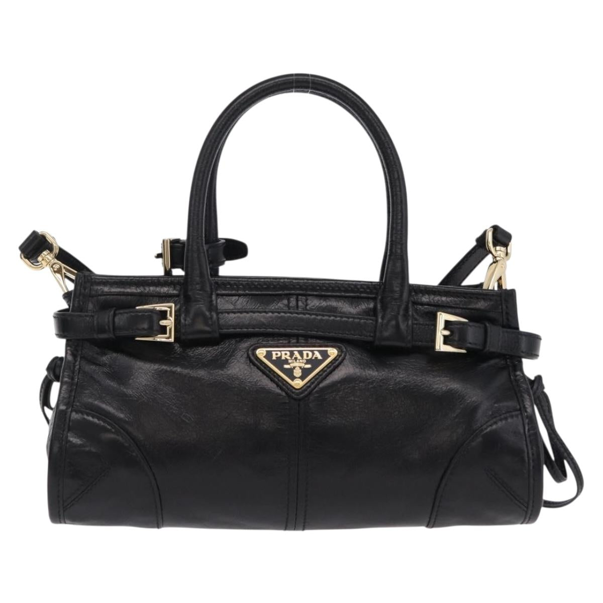 PRADA Hand Bag Leather 2way Black Gold Auth BA15993SAM