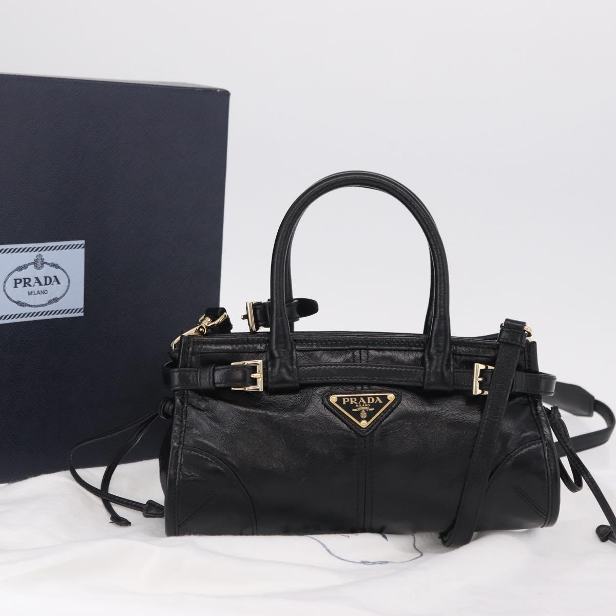 PRADA Hand Bag Leather 2way Black Gold Auth BA15993SAM