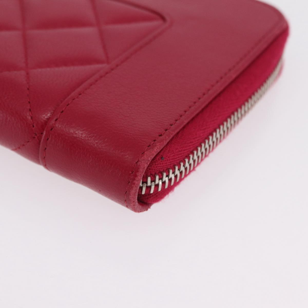 CHANEL Mademoiselle Matelasse Long Wallet Lamb Skin Red Silver CC Auth BA16010A