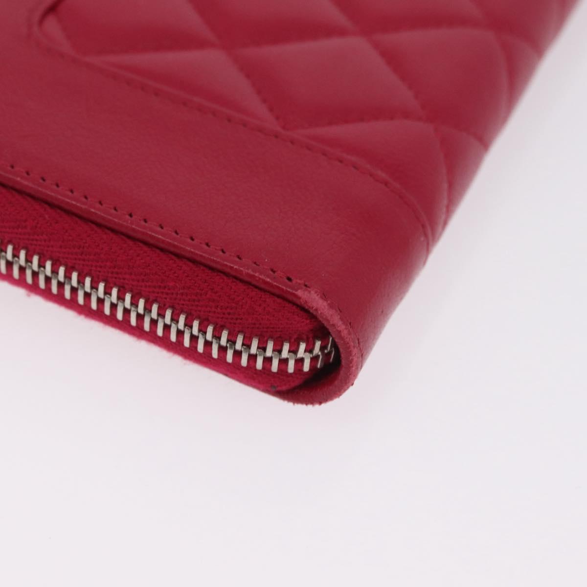 CHANEL Mademoiselle Matelasse Long Wallet Lamb Skin Red Silver CC Auth BA16010A