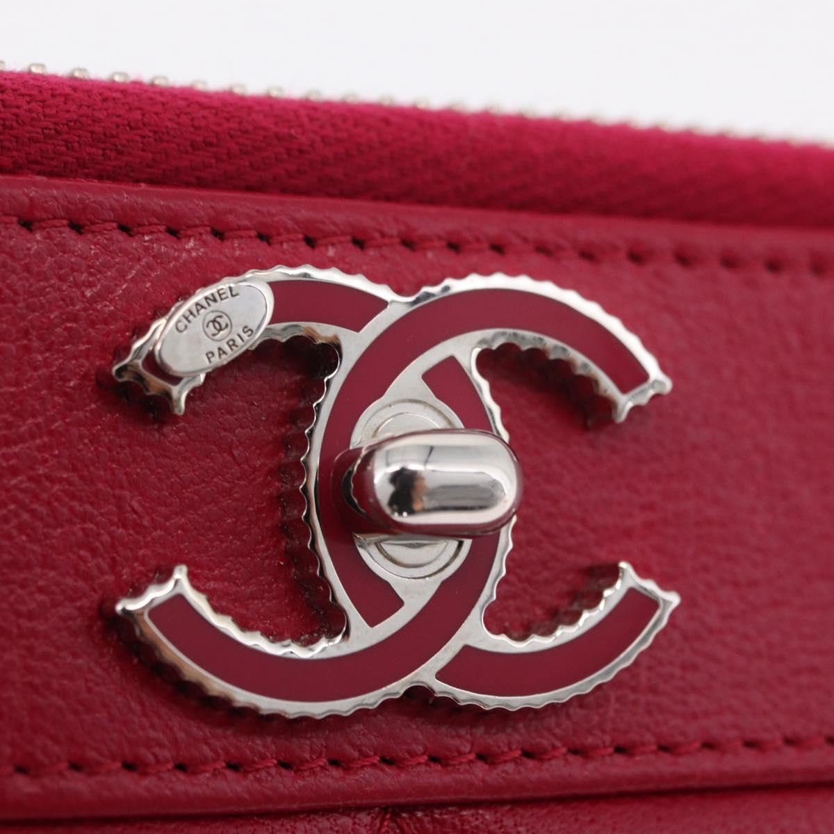 CHANEL Mademoiselle Matelasse Long Wallet Lamb Skin Red Silver CC Auth BA16010A