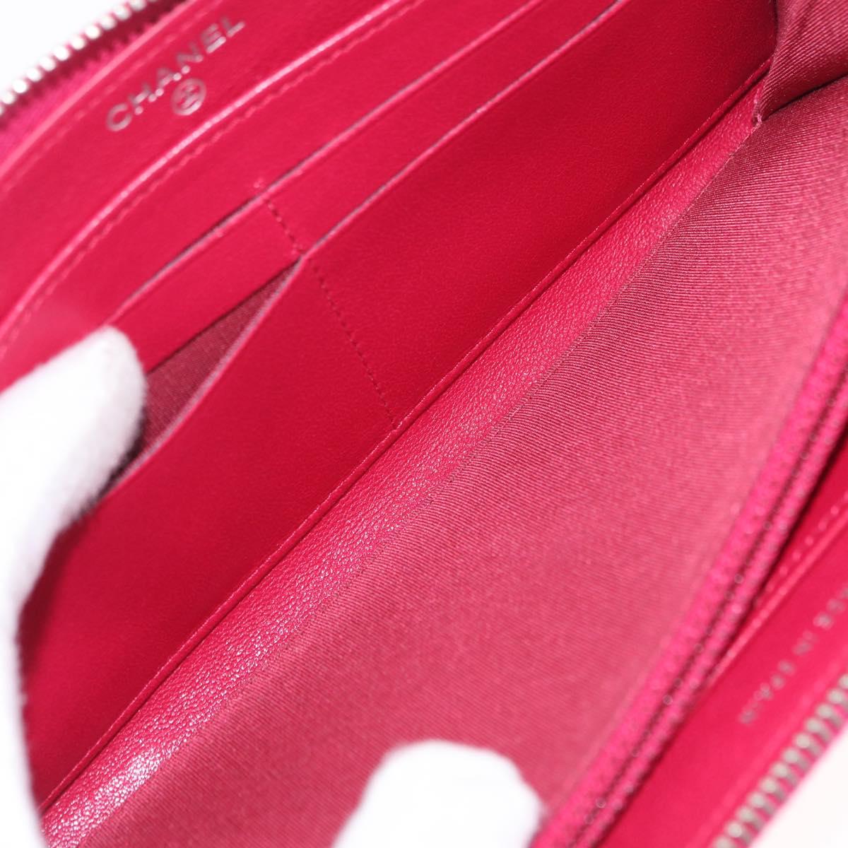 CHANEL Mademoiselle Matelasse Long Wallet Lamb Skin Red Silver CC Auth BA16010A