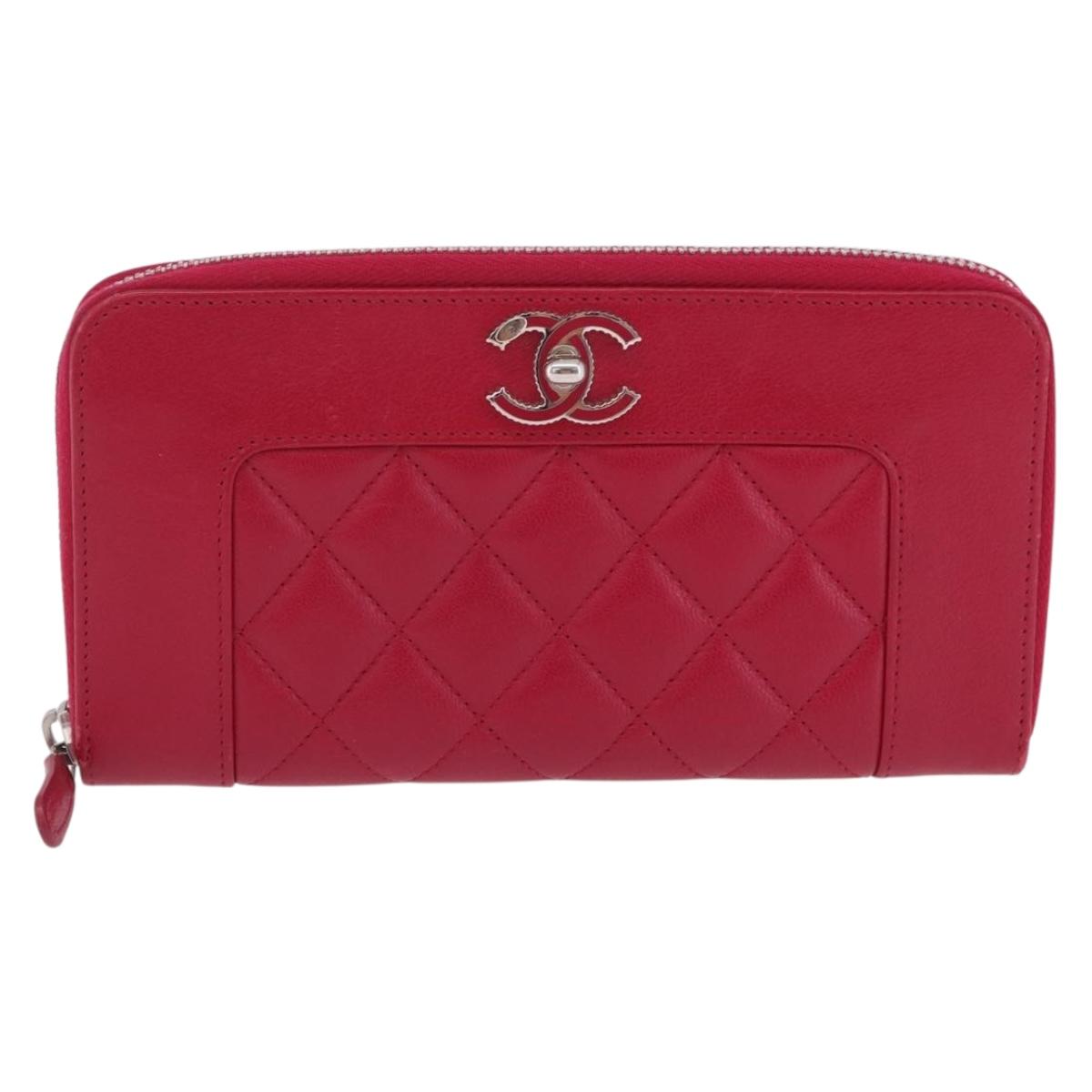 CHANEL Mademoiselle Matelasse Long Wallet Lamb Skin Red Silver CC Auth BA16010A