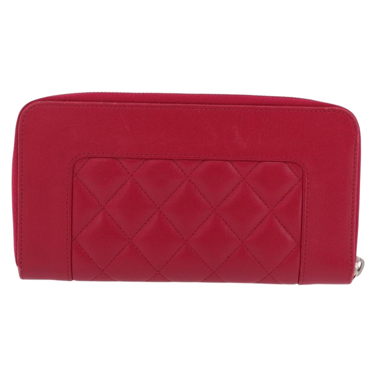 CHANEL Mademoiselle Matelasse Long Wallet Lamb Skin Red Silver CC Auth BA16010A