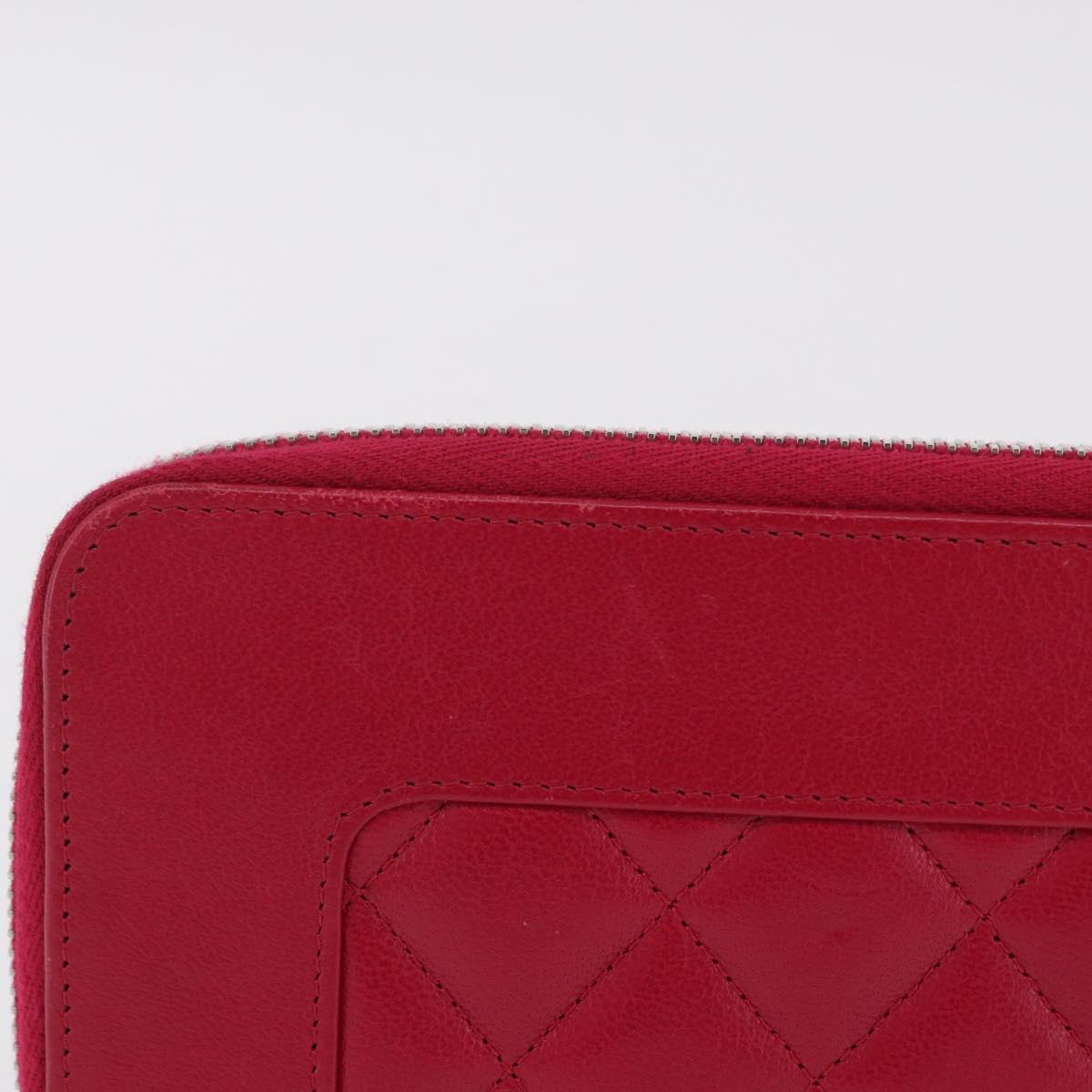 CHANEL Mademoiselle Matelasse Long Wallet Lamb Skin Red Silver CC Auth BA16010A