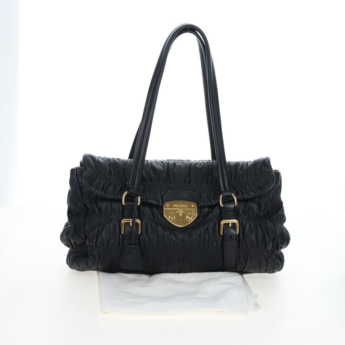 PRADA Gathered Tote Bag Leather Black Gold Auth BA16064SAV