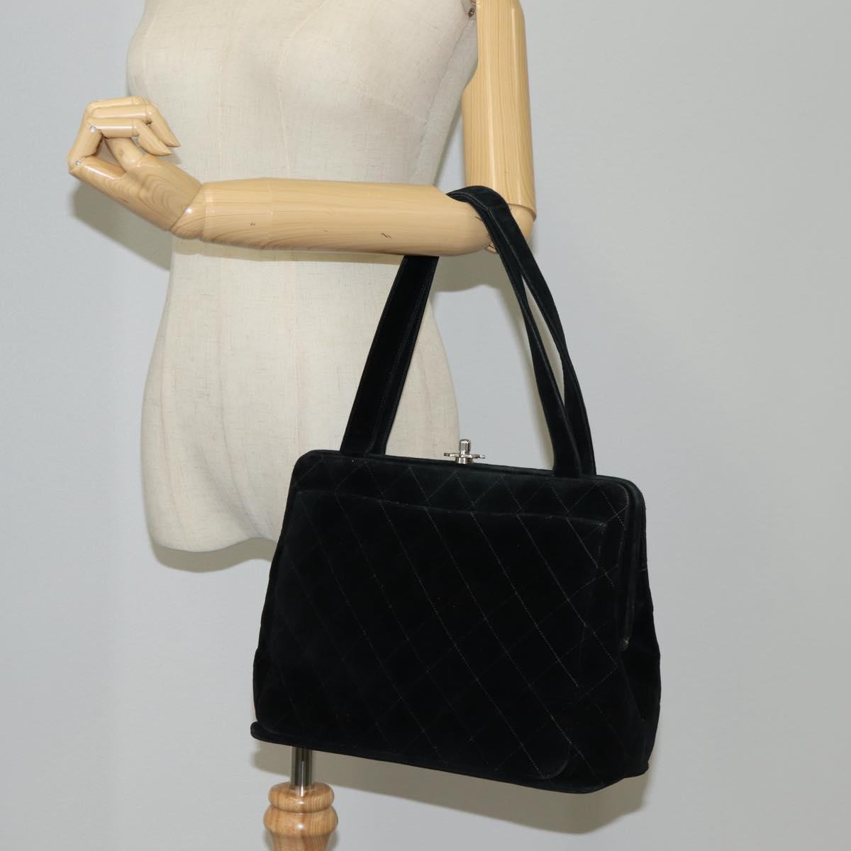 CHANEL Matelasse Hand Bag Suede Black Silver CC Auth BA1612