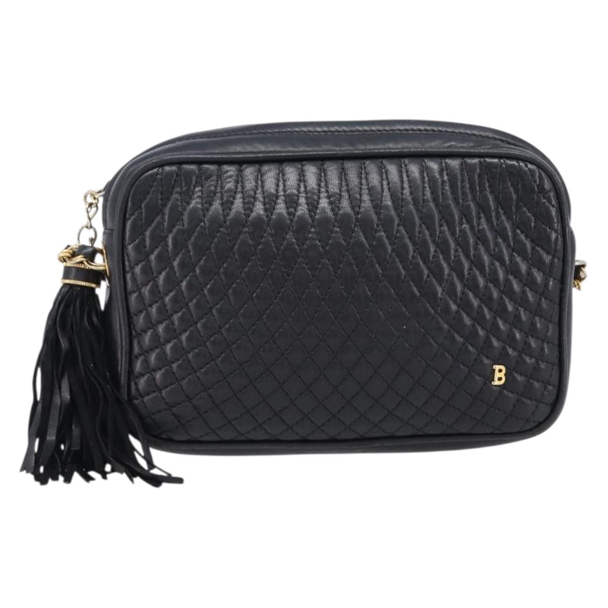 Bally Chain Shoulder Bag Leather Black Gold Auth BA16131