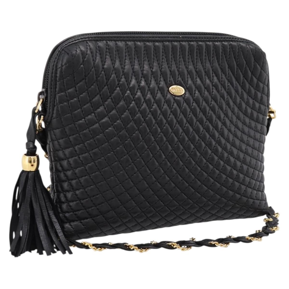 Bally Chain Shoulder Bag Leather Black Gold Tone Auth BA16143