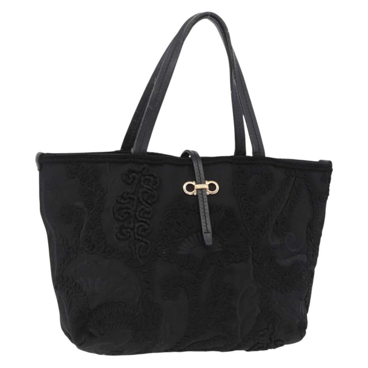 Salvatore Ferragamo Gancini Hand Bag Nylon Black Gold Tone Auth BA16145