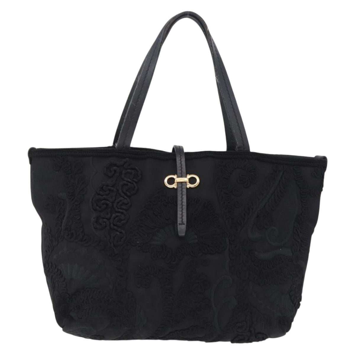 Salvatore Ferragamo Gancini Hand Bag Nylon Black Gold Tone Auth BA16145