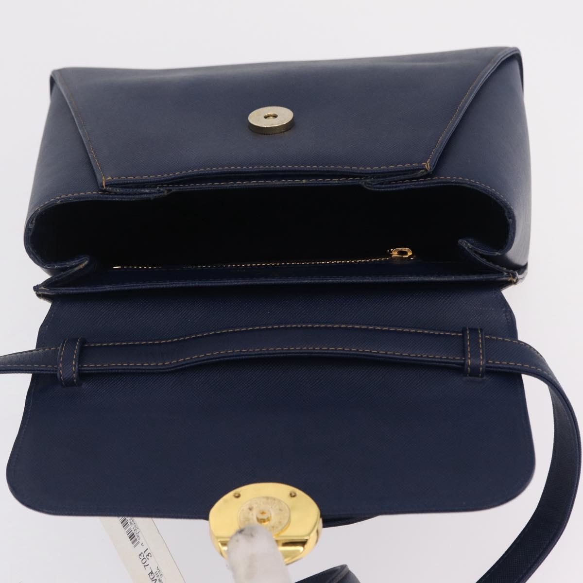 Valentino Hand Bag Leather 2way Navy Gold Tone Auth BA16157A