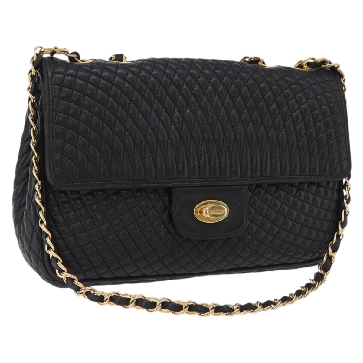 Bally Chain Shoulder Bag Leather Black Gold Tone Auth BA16159A