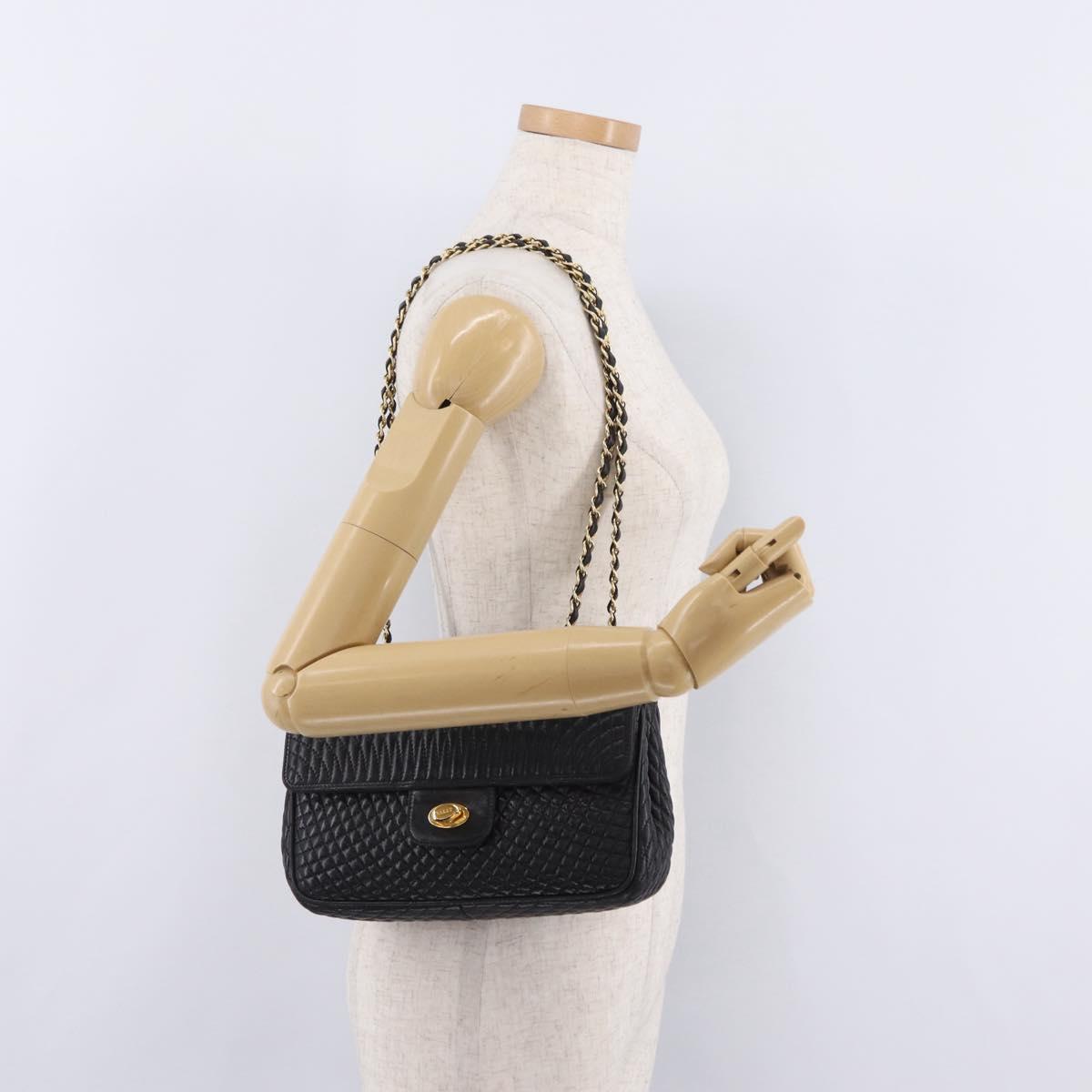 Bally Chain Shoulder Bag Leather Black Gold Tone Auth BA16159A