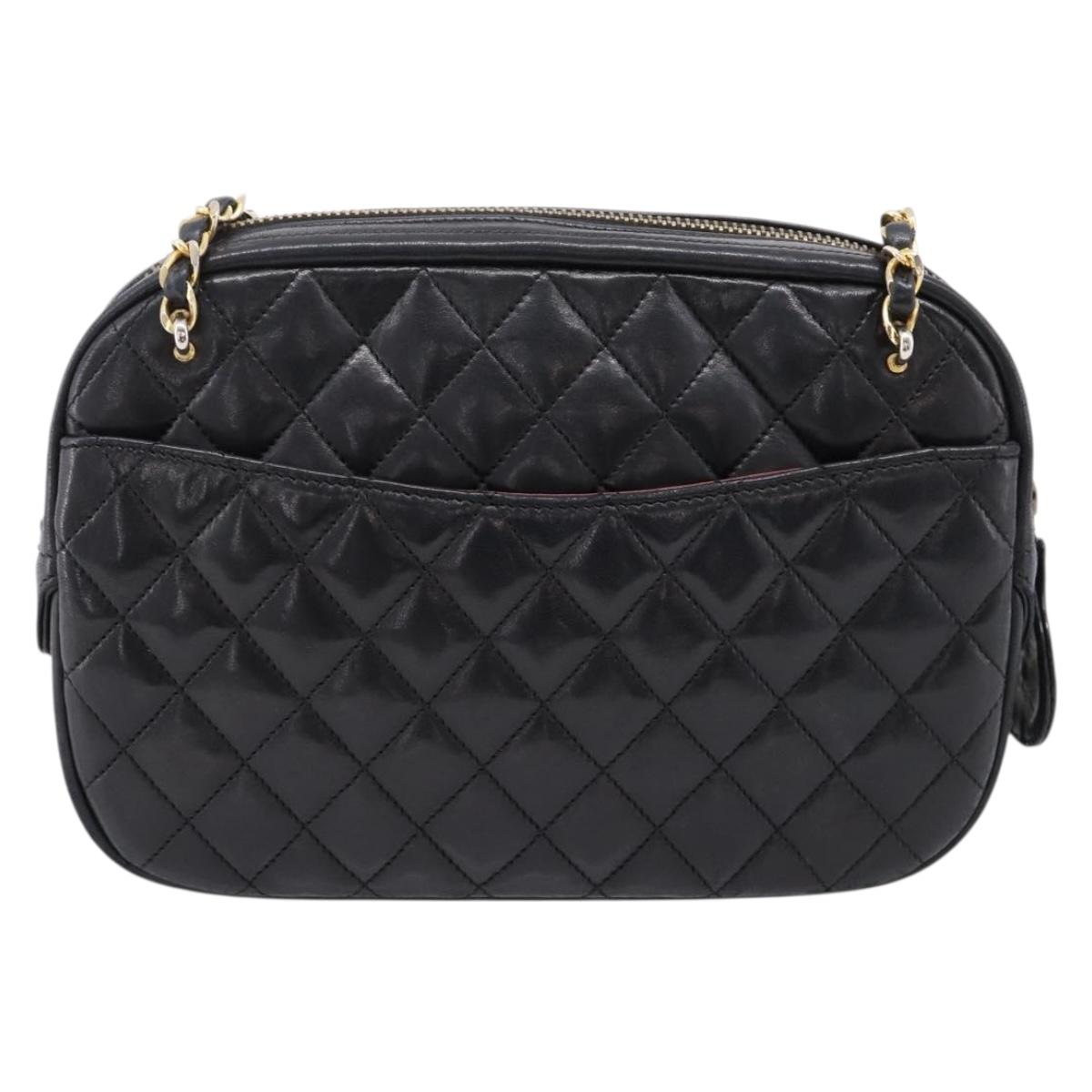CHANEL Matelasse Chain Shoulder Bag Lamb Skin Black Gold Tone CC Auth BA16161