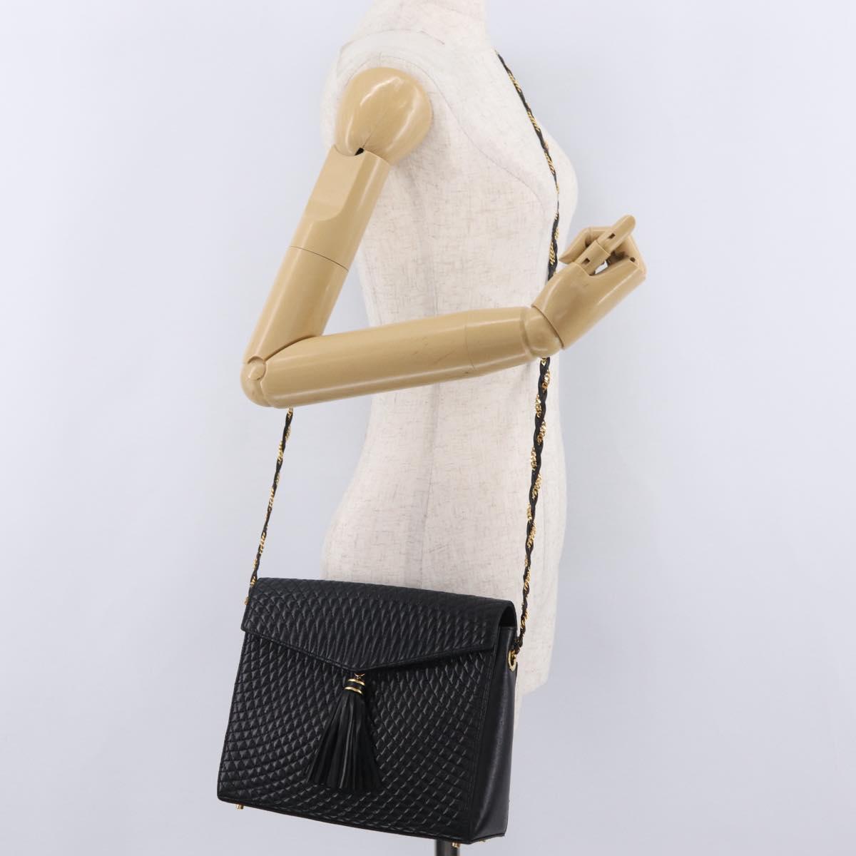 Bally Chain Shoulder Bag Leather Black Gold Tone Auth BA16168