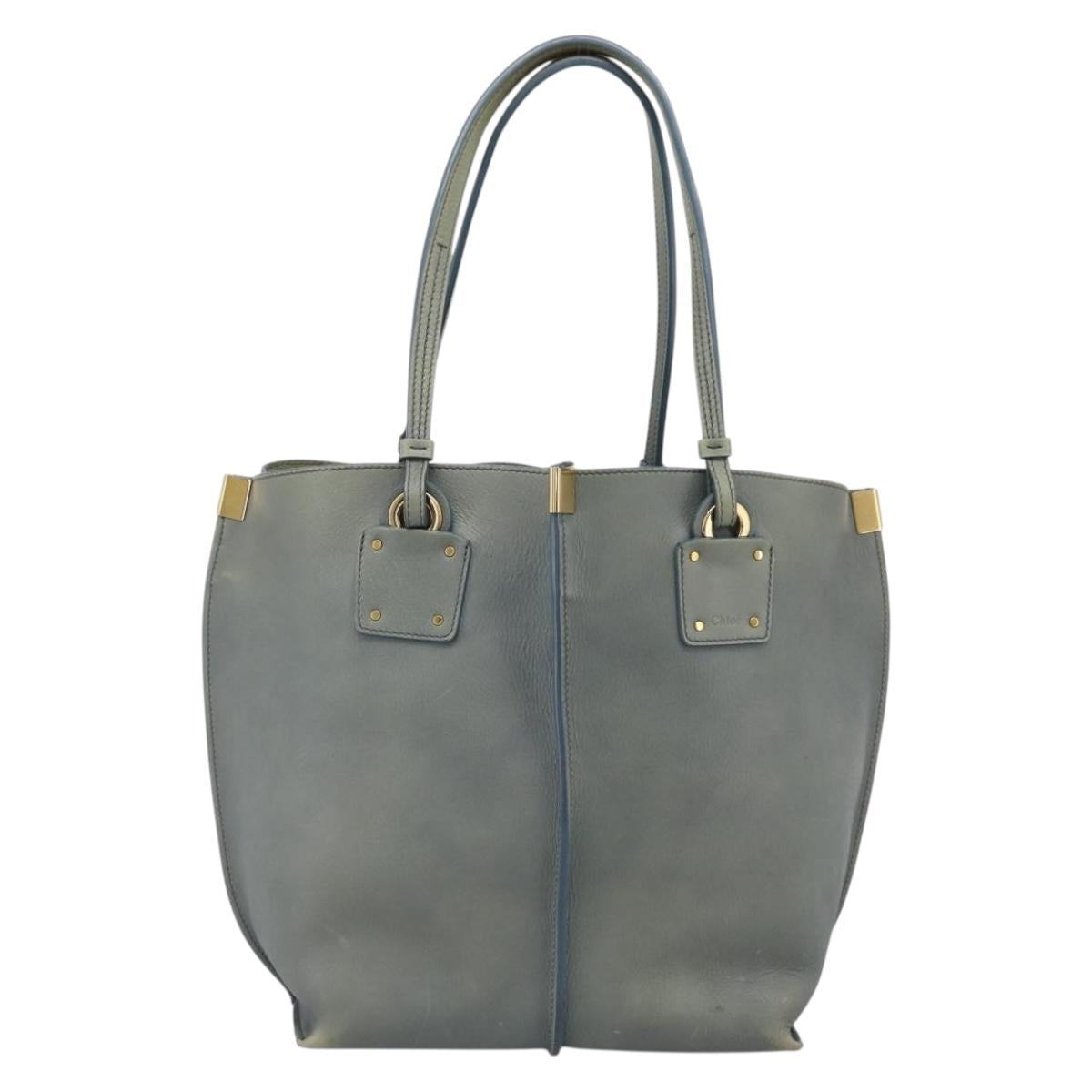 Chloe Vic Tote Bag Leather Light Blue Gold Tone Auth BA16184