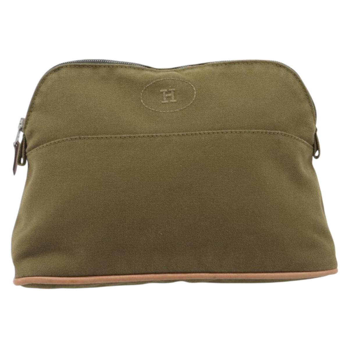 HERMES Bolide Pouch Pouch Canvas Khaki Silver Auth BA16189