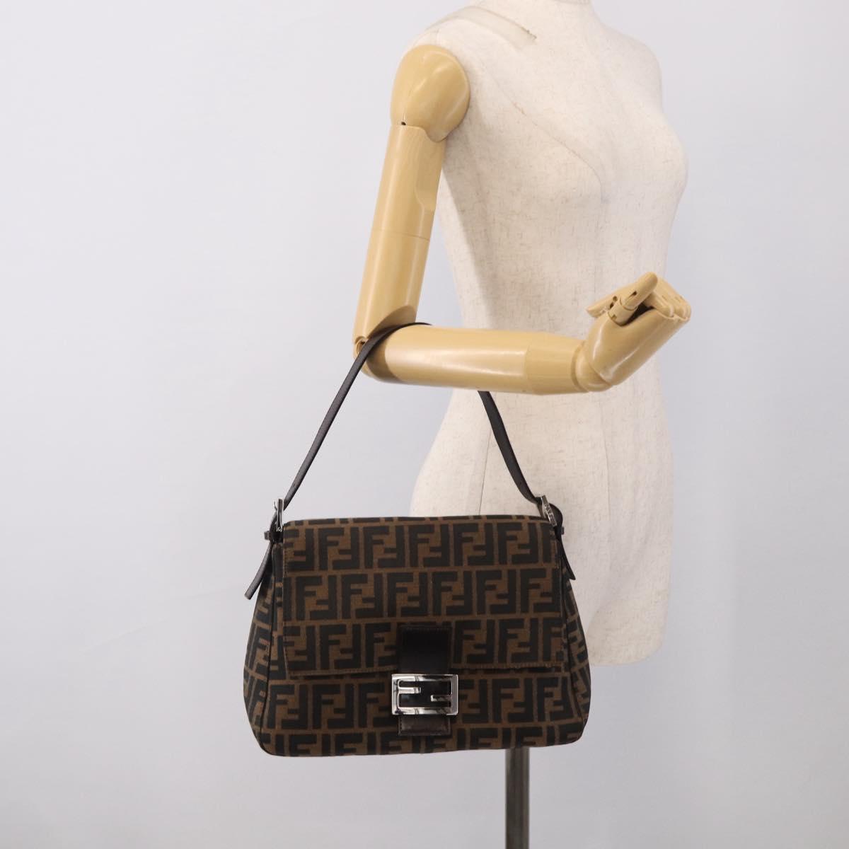 FENDI Zucca Canvas Mamma Baguette Shoulder Bag Black Silver Auth BA16203V