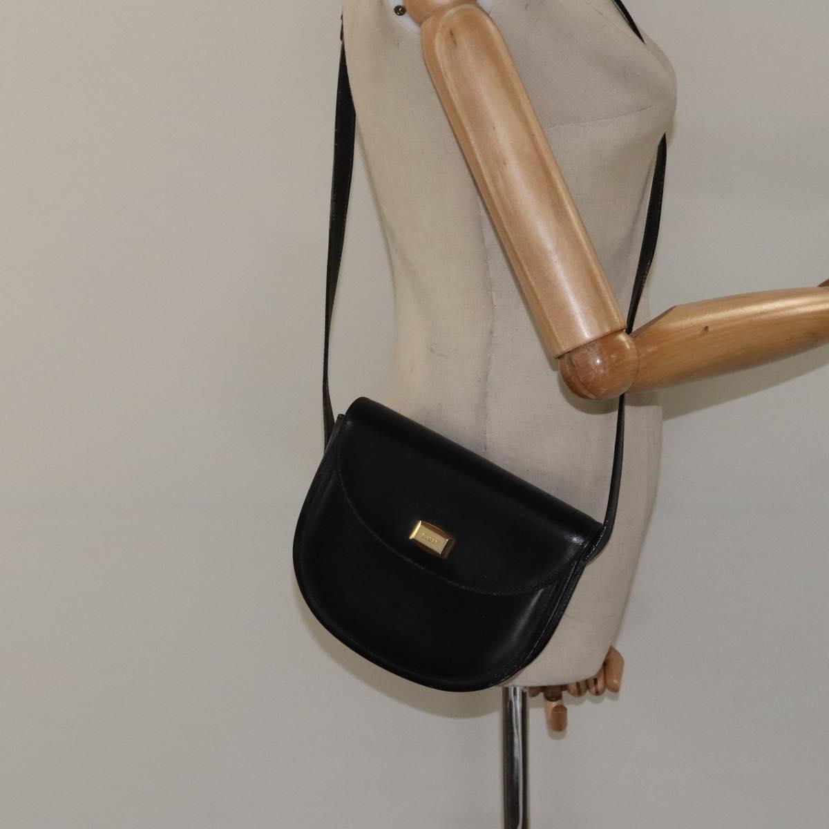 BALLY Shoulder Bag Leather Black Gold Auth BA1625