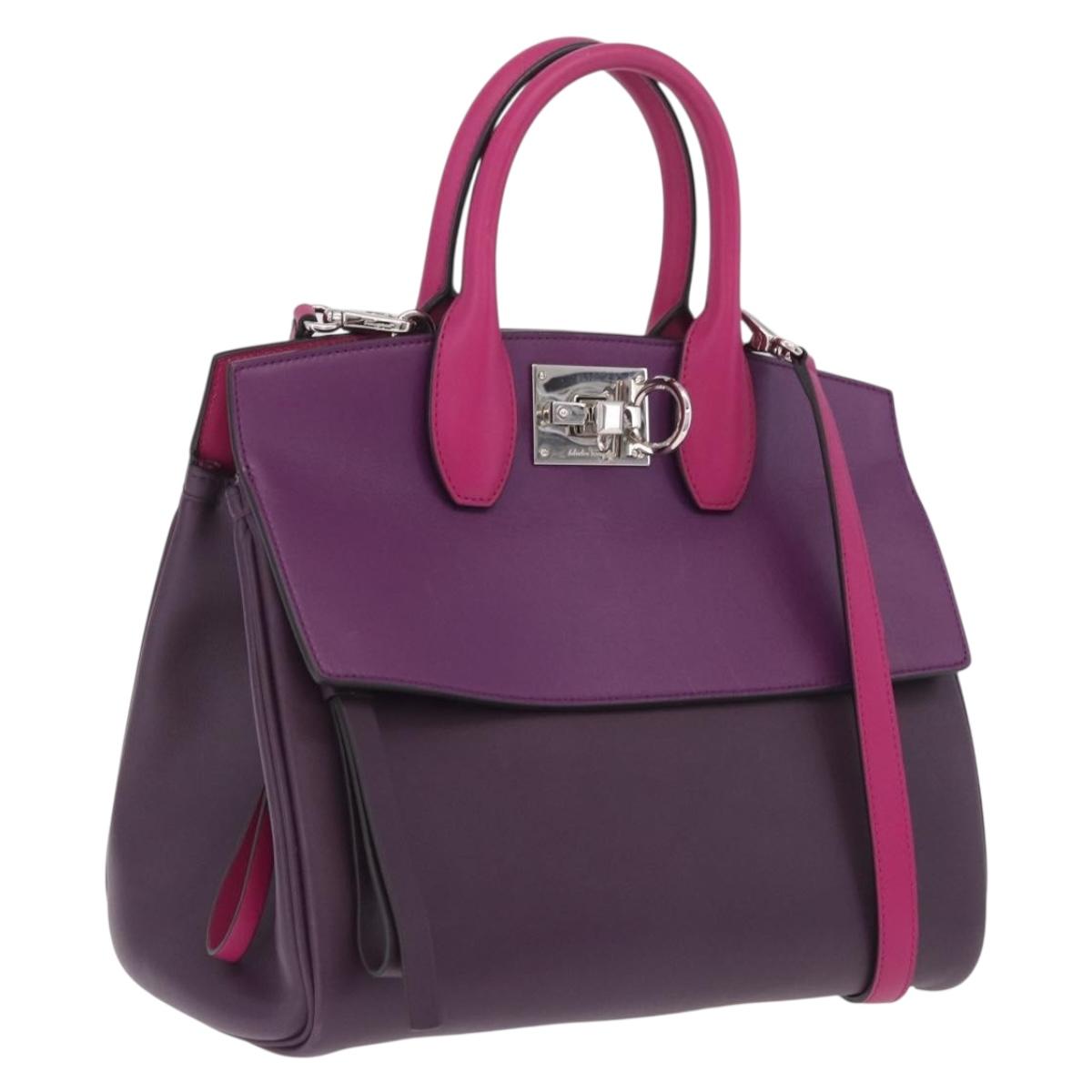 Salvatore Ferragamo Studio Bag Small Leather 2way Purple Silver Auth BA16267V