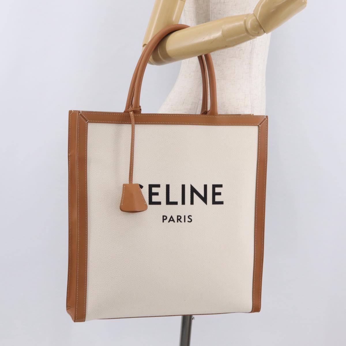 CELINE Vertical Cabas Large Hand Bag Canvas Ivory Gold Tone Auth BA16270M