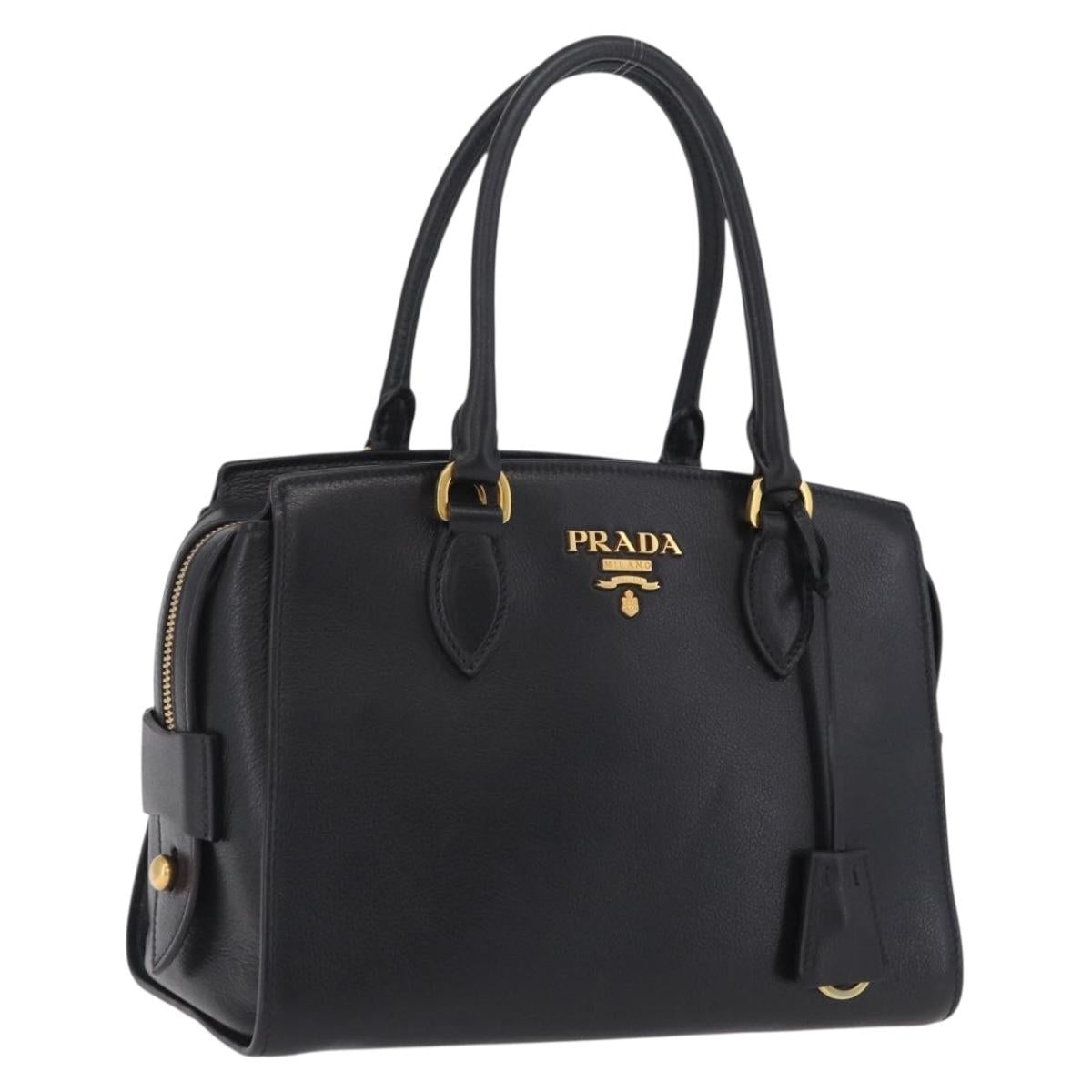PRADA Hand Bag Leather Black Gold Tone Auth BA16274A
