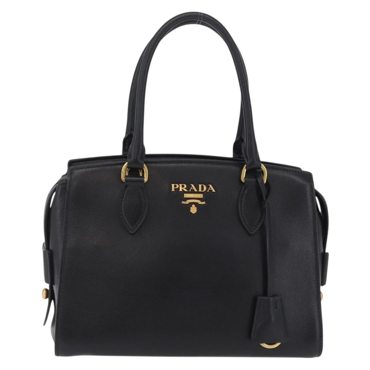 PRADA Hand Bag Leather Black Gold Tone Auth BA16274A