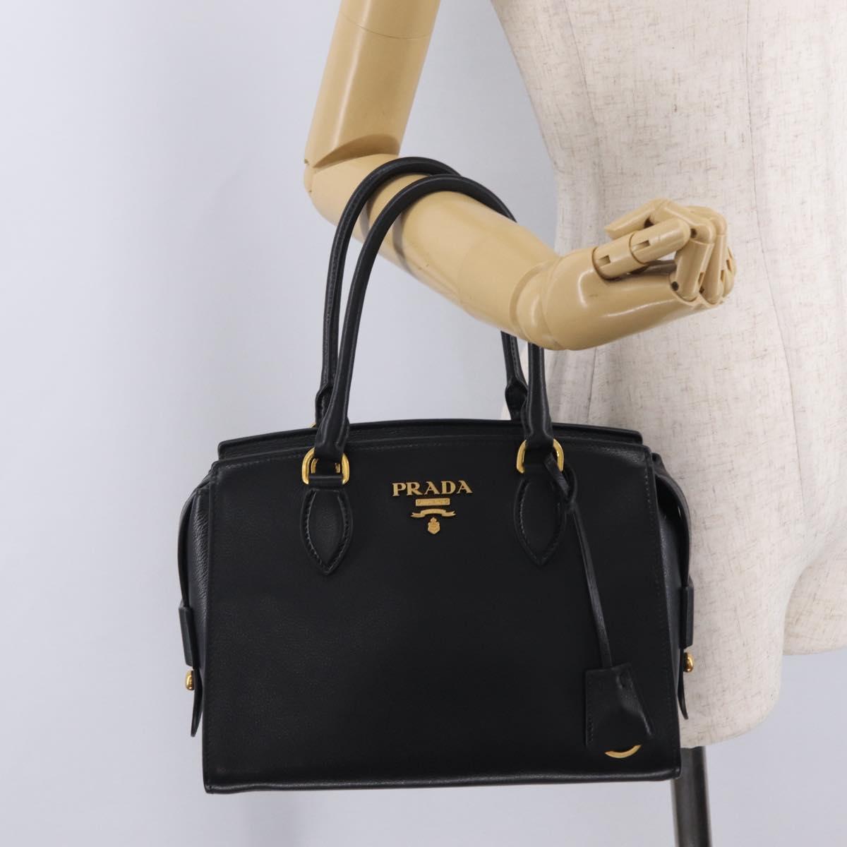 PRADA Hand Bag Leather Black Gold Tone Auth BA16274A
