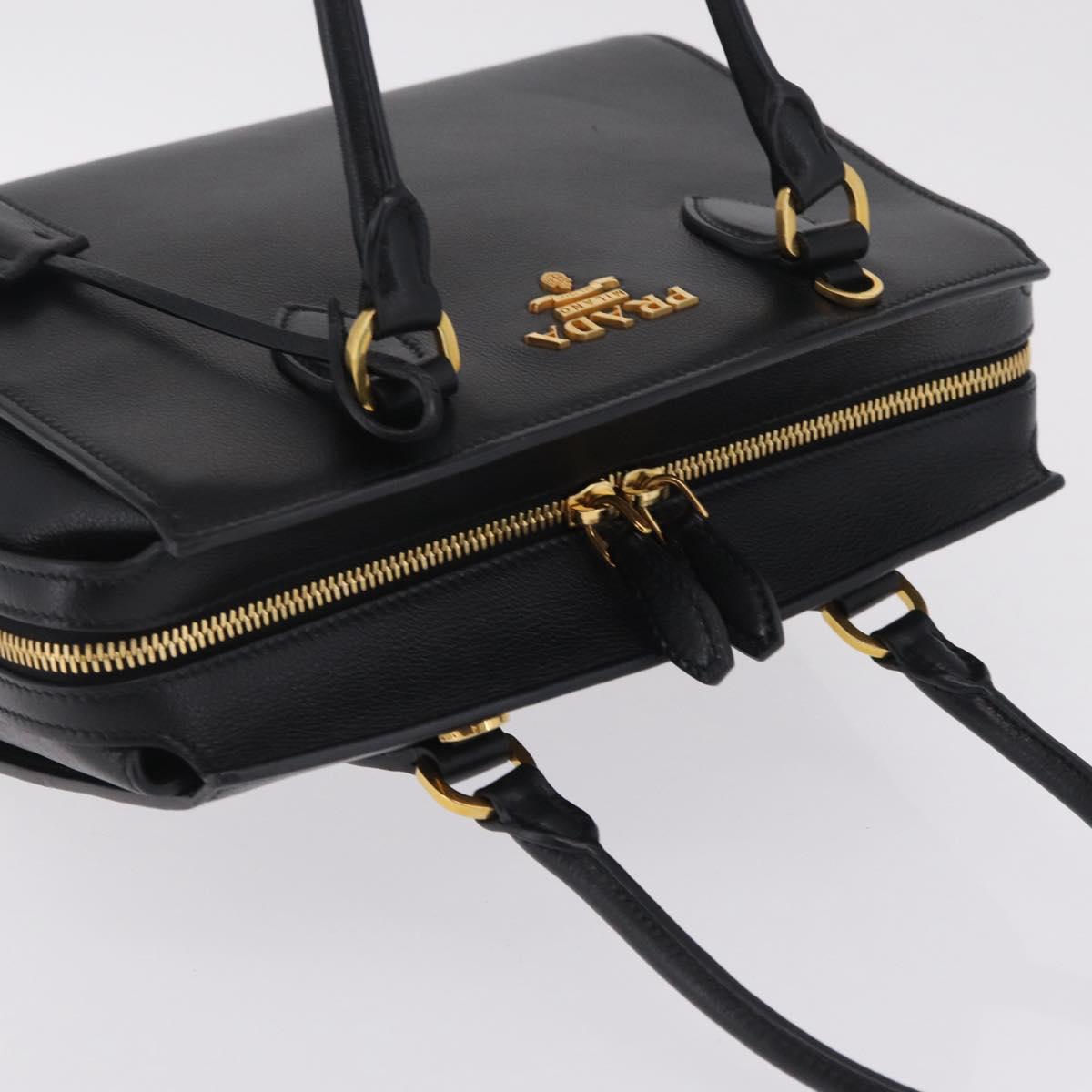 PRADA Hand Bag Leather Black Gold Tone Auth BA16274A