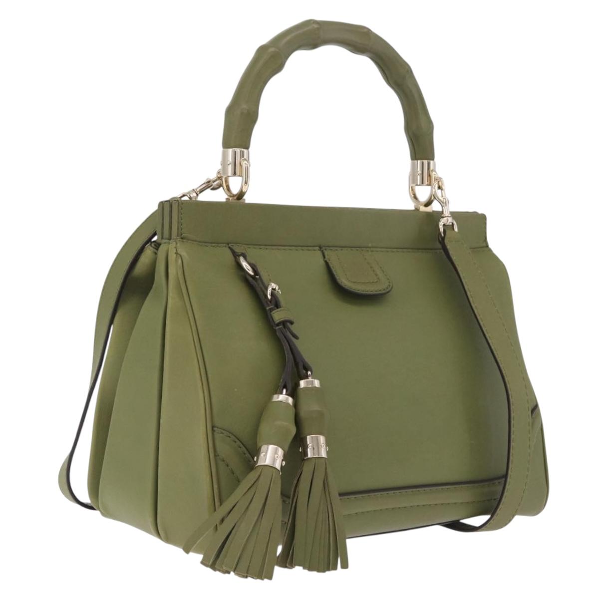 GUCCI Bamboo Hand Bag Leather 2way Khaki Gold Tone 308385 Auth BA16277A