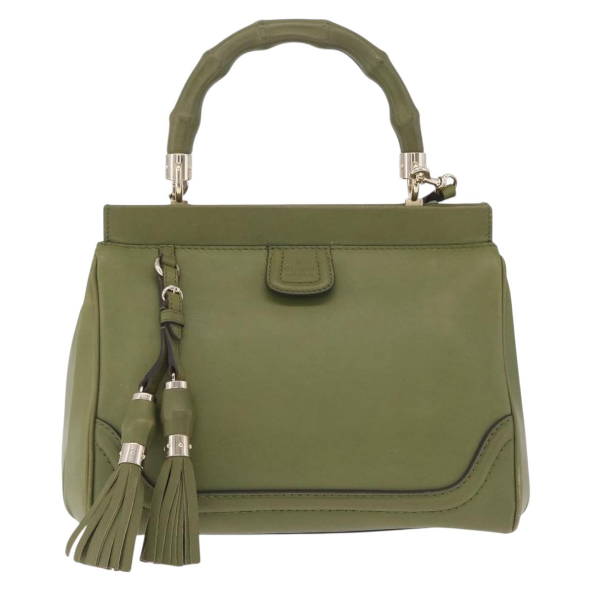 GUCCI Bamboo Hand Bag Leather 2way Khaki Gold Tone 308385 Auth BA16277A
