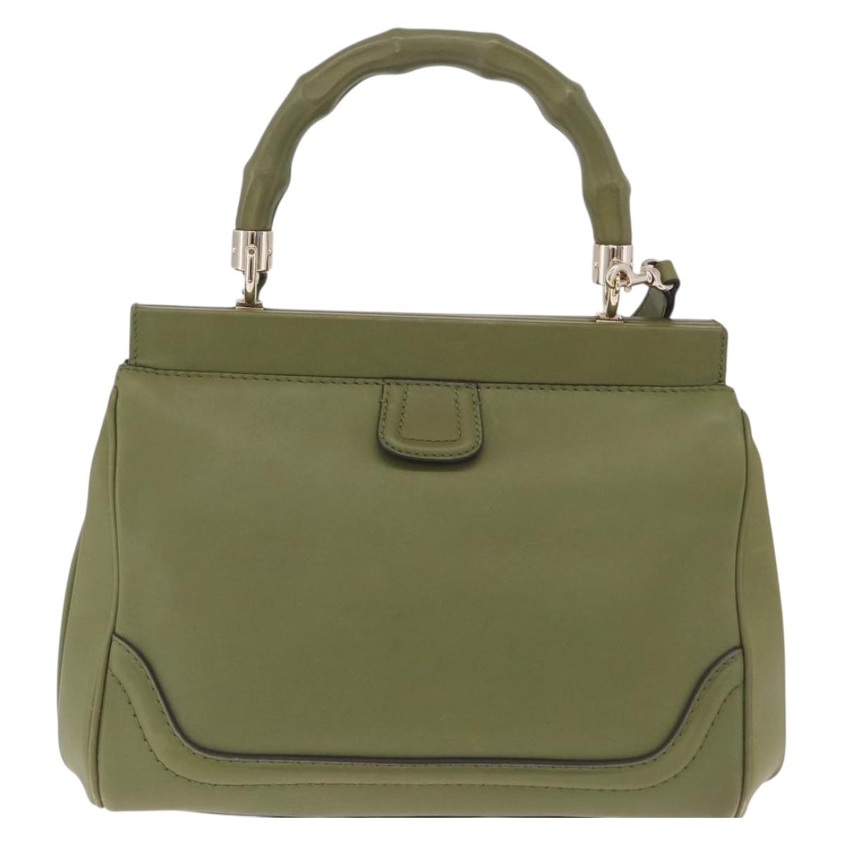 GUCCI Bamboo Hand Bag Leather 2way Khaki Gold Tone 308385 Auth BA16277A