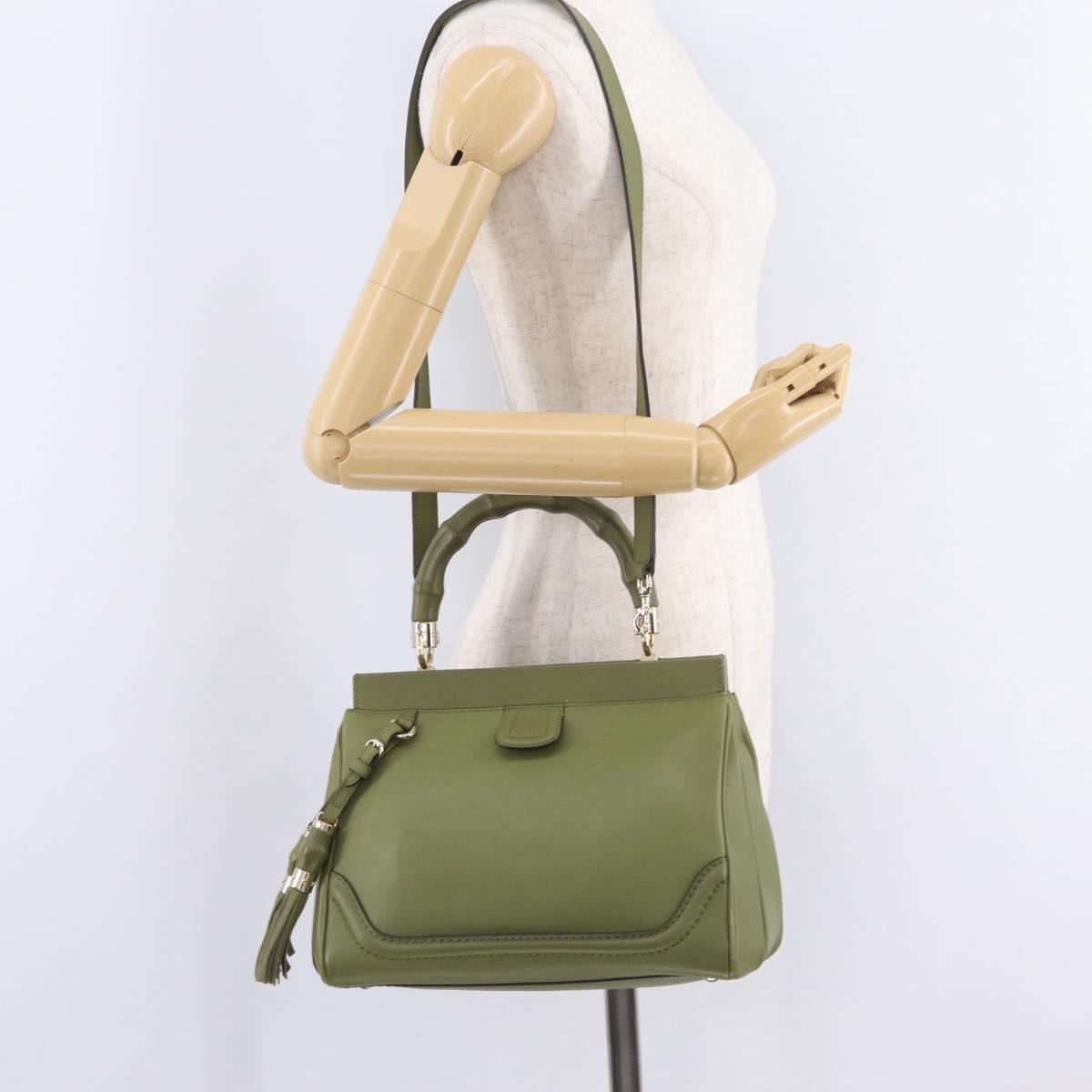 GUCCI Bamboo Hand Bag Leather 2way Khaki Gold Tone 308385 Auth BA16277A