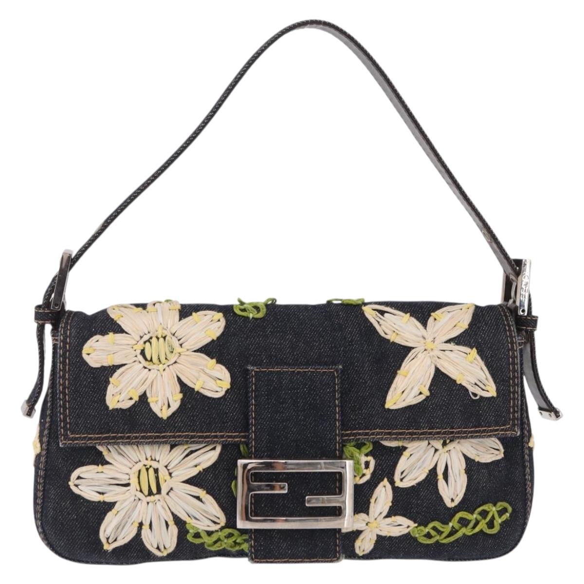 FENDI Mamma Baguette Shoulder Bag Denim Navy Silver Auth BA16282SAM
