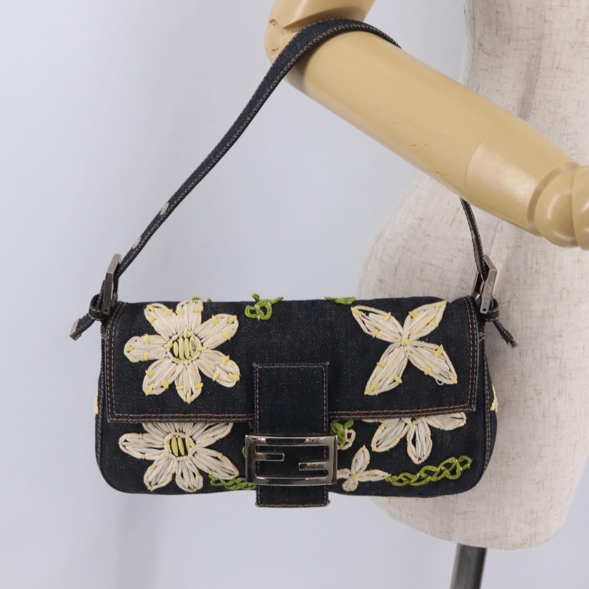 FENDI Mamma Baguette Shoulder Bag Denim Navy Silver Auth BA16282SAM
