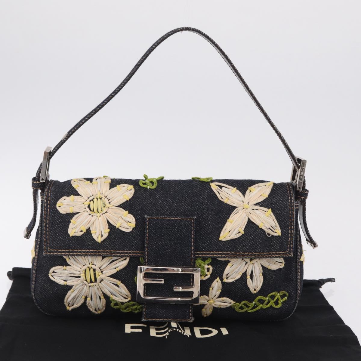 FENDI Mamma Baguette Shoulder Bag Denim Navy Silver Auth BA16282SAM