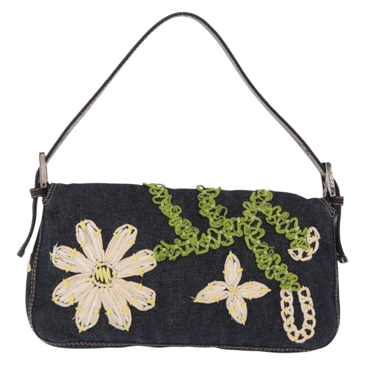 FENDI Mamma Baguette Shoulder Bag Denim Navy Silver Auth BA16282SAM