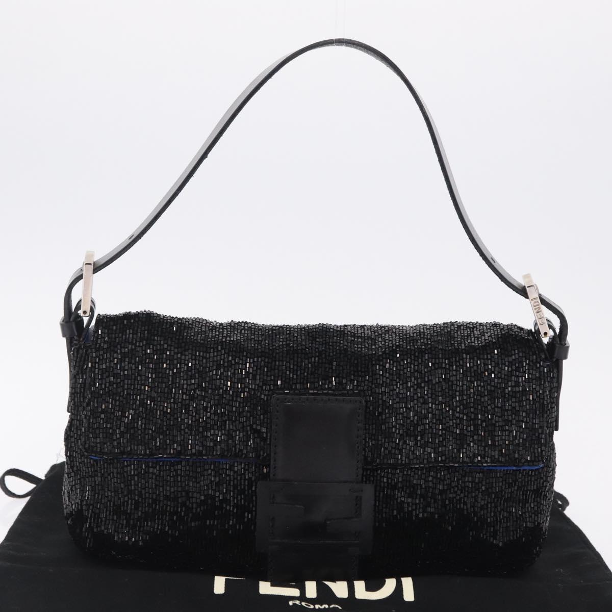 FENDI Mamma Baguette Shoulder Bag Beads Black Silver Auth BA16285SAM