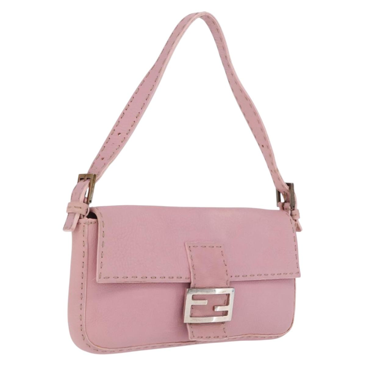 FENDI Selleria Mamma Baguette Shoulder Bag Leather Pink Silver Auth BA16287V