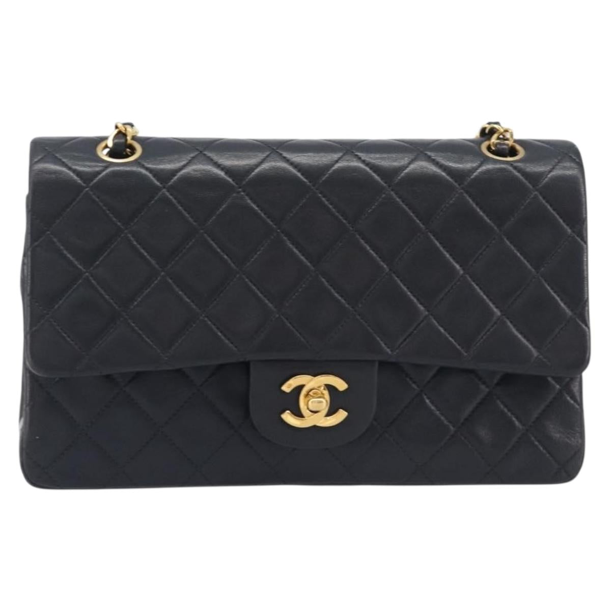 CHANEL Matelasse 25 Chain Shoulder Bag Lamb Skin Black Gold CC Auth BA16290SM